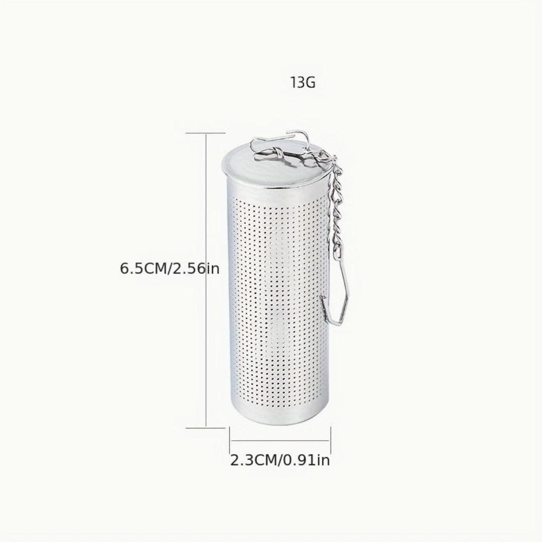 Silver tea infuser with dimensions on a white background
